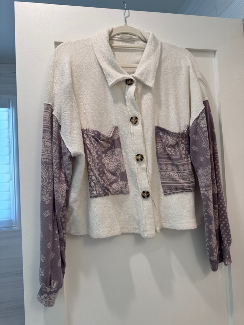 Cream & Lavender Patchwork Button-Front Cardigan Sweater